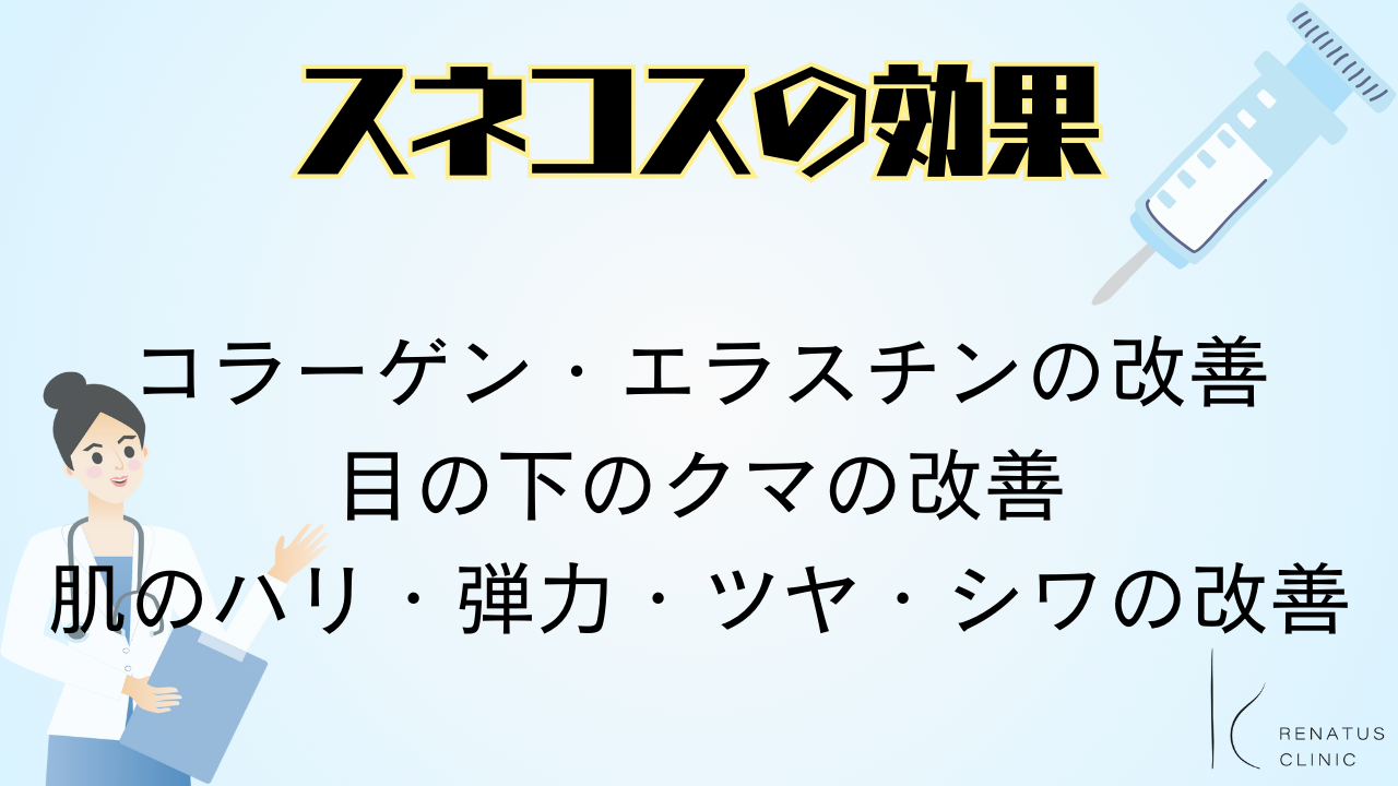 スネコスの効果
コラーゲン・エラスチンの改善
目の下のクマの改善
肌のハリ・弾力・ツヤ・シワの改善